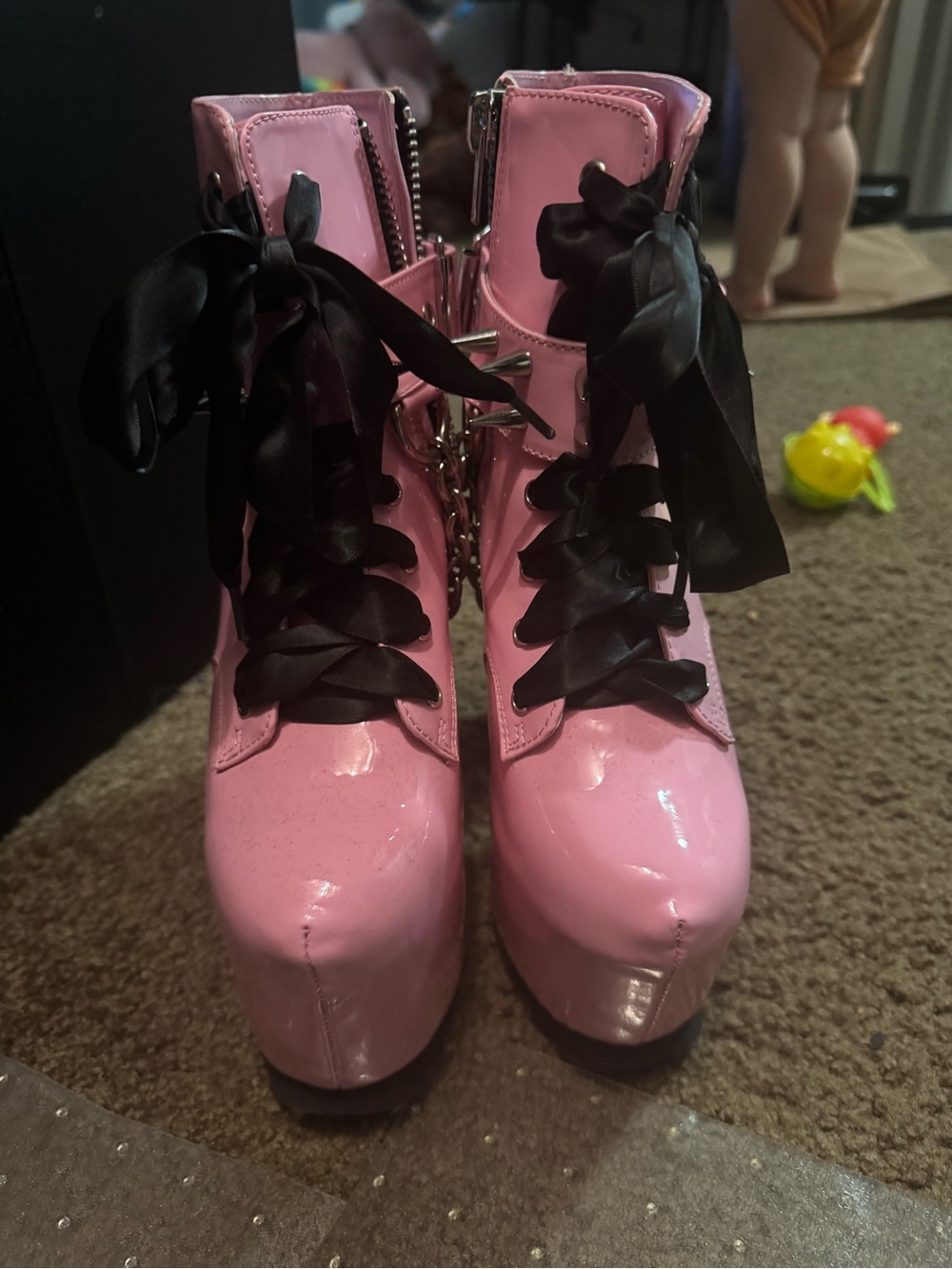 Dolls Kill Pink Patent Platform Lace-Up Boots with Black Ribbon Laces